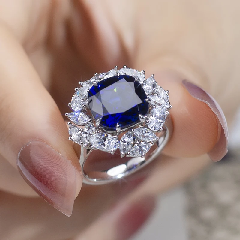 

Messi Jewelry MSR-951 S925 lab sapphire cushion cut ring flower design engagement ring wedding band classic gift band