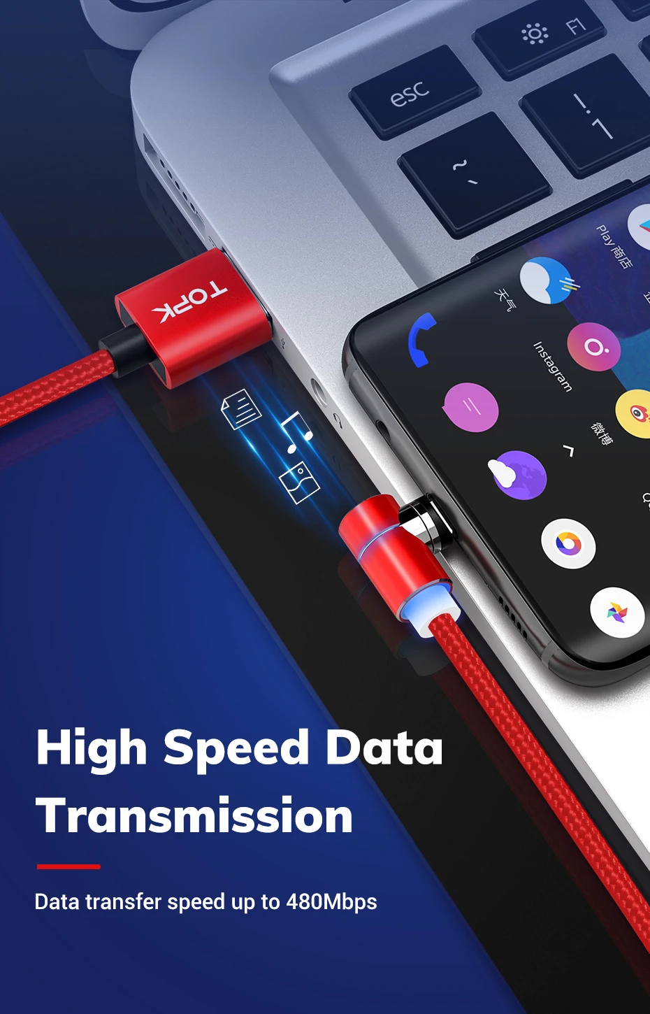 TOPK 5 A 3In 1 Usb Charging Cable 540 Degree Rotate Flexible Magnetic Usb Phone Cable - ANKUX.COM