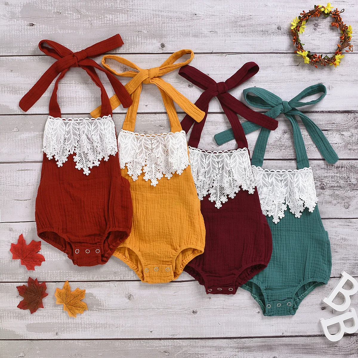 

Baby Macrame Sleeveless Lace Up Positioning Bubble Cotton Jumpsuit