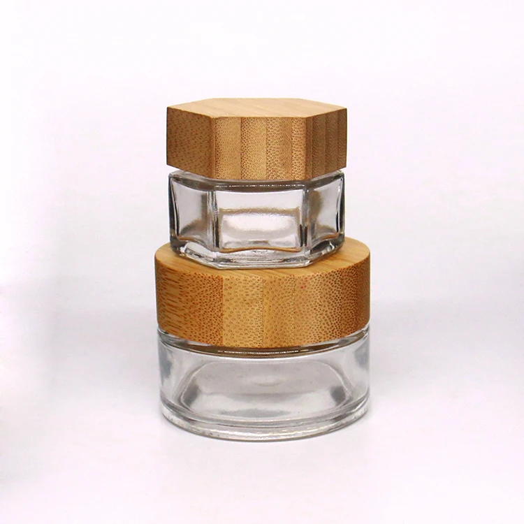 

30g 50g 100g Glass Scrub Cream Frosted Jar with Wooden Lid Hexagonal Cream jar