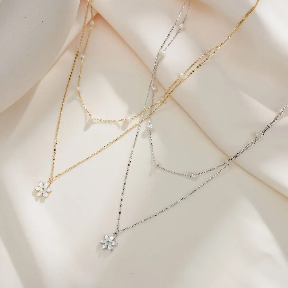 RINNTIN GPN73 Dainty Women Jewelry Pearl Layering Necklace Delicate Minimalist Flower Pendant Necklace Gifts