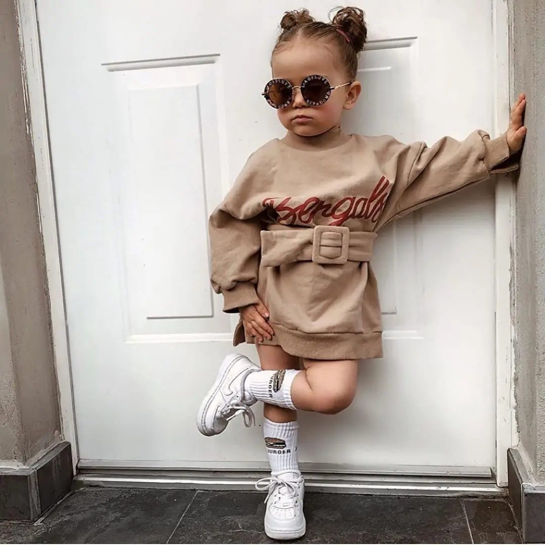 

CJS2033 Autumn winter long Pullover Crew Neck Long Sleeve letter print toddler girls sweatshirt with belt 1-6Y