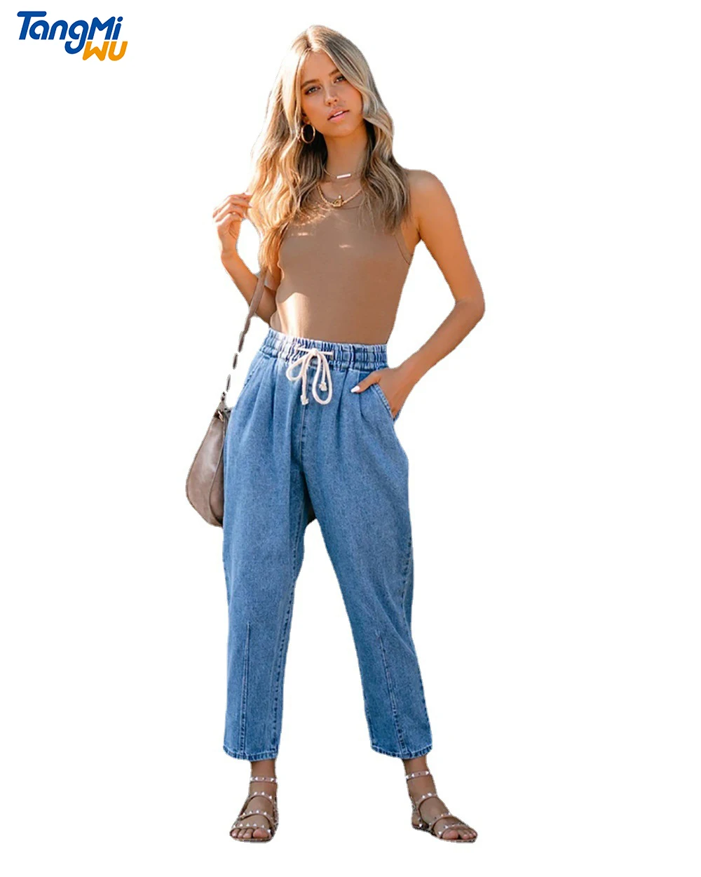 

2021 hot sale Fashion Solid Color Drawstring Straight Leg jean mujer casual blue high-waisted loose jeans women