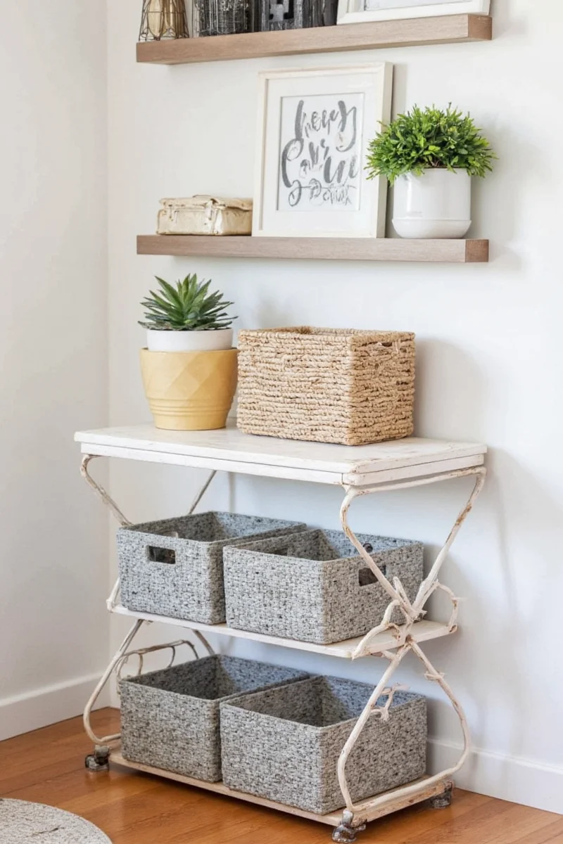 Clean living room with hidden cords using various baskets