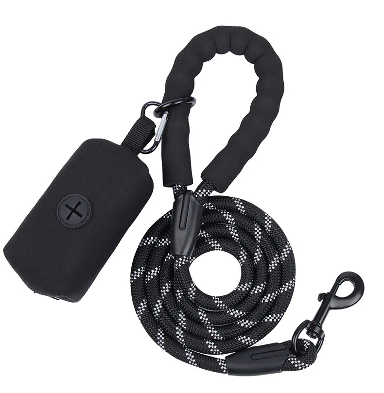 

High Quality Strong Rope Pet Dog Lead Leash Reflective Soft Handle Nylon Rope Pet Dog Leash With Waste Bag Dispenser, Mix color