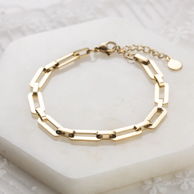 

Dainty Gold Paperclip Link Bracelet Stacking Bracelet for Women Rectangle Chain 4mm paperclip chain link bracelet