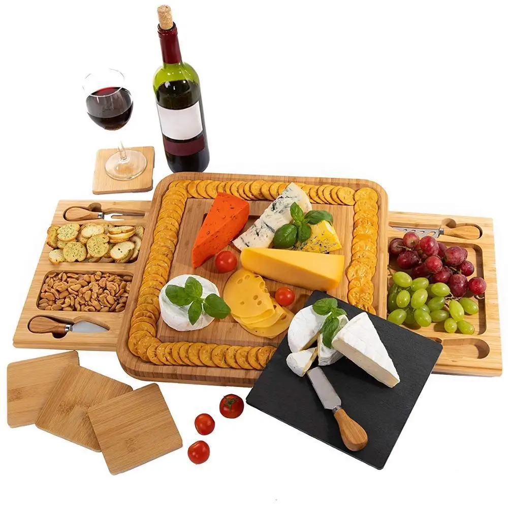 

Bamboo Cheese Board With Four Piece Cutter Box Set On Both Sides Bamboo Cheese Board Cutting Board, Natural bamboo color