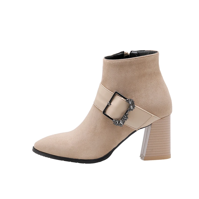 

2021 New Winter Red Color Splicing Belt Buckle Side Zipper High Heels Boots, Wine red/apricot/black