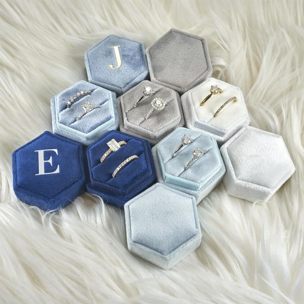 

Wholesale custom logo luxury vintage hexagon travel velvet ring small jewelry gift storage paper packaging boxes jewelry box