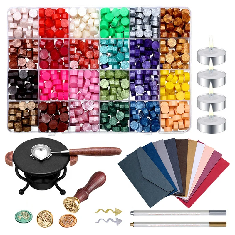 

Sealing Wax Kit with Wax Seal Beads Stamp Warmer Spoon Envelopes and Tealight Candles for Letter Sealing