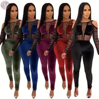 

9102214 new sexy plueche splicing mesh solid color Rompers Womens Mujer Bodycon Jumpsuit