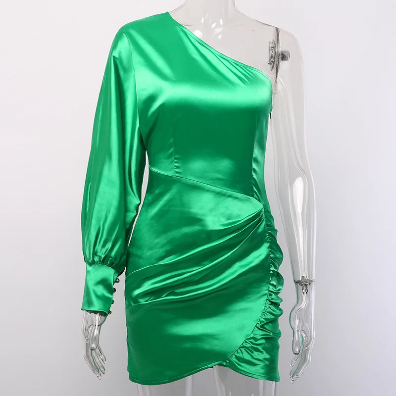 

B51471A Fashion single sleeve lady sexy pure color irregular autumn dress, Green