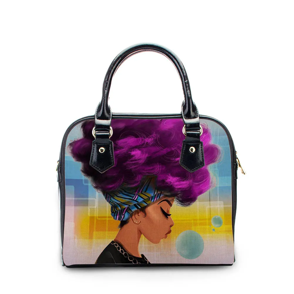 

Custom Black Art African American Girls Afro Women PU Leather Handbags Messenger Bags Ladies Tote Shoulder Bags