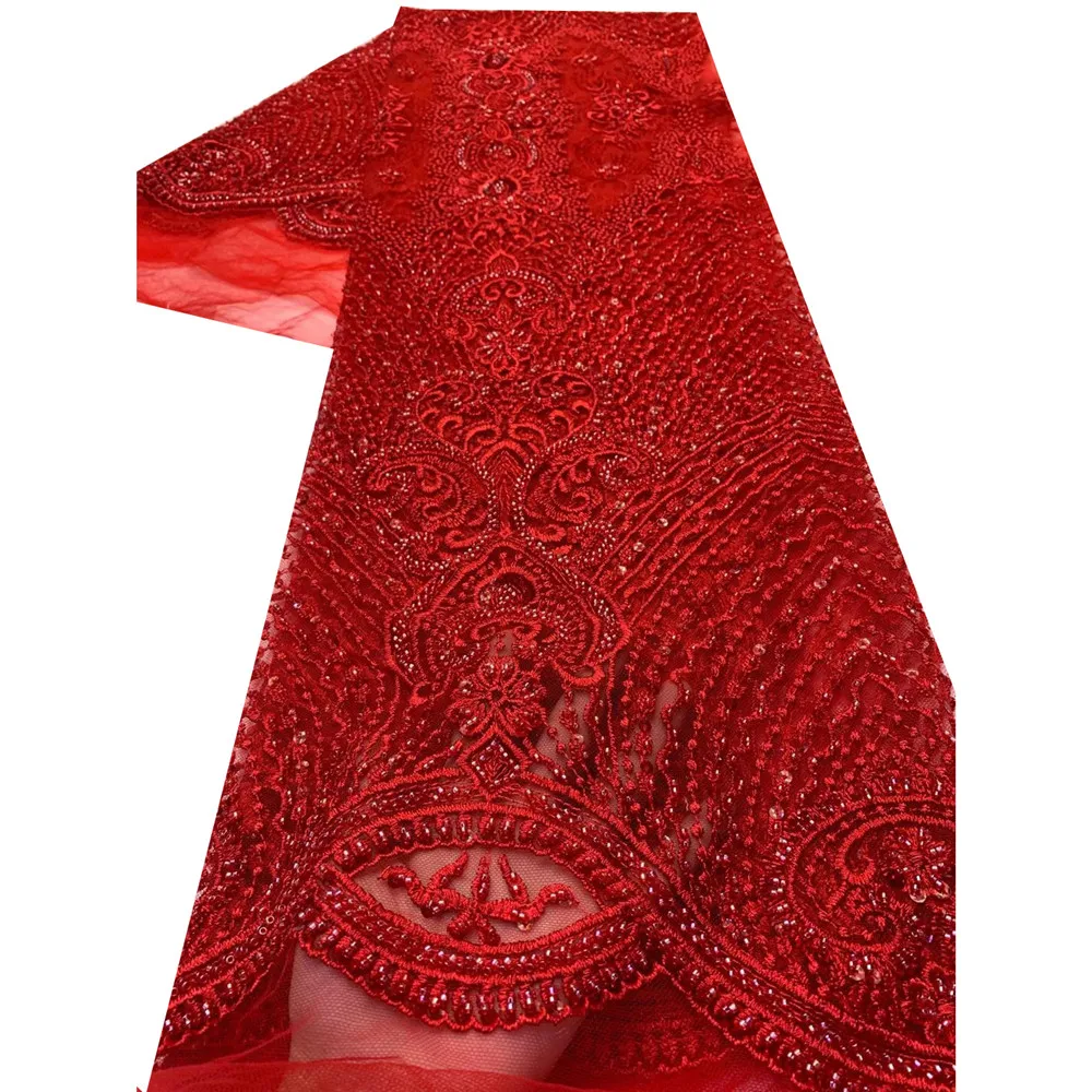 

Beautifical beaded lace net high quality nigerian wedding french lace fabric sewing party tissu beads ML44N608, Red