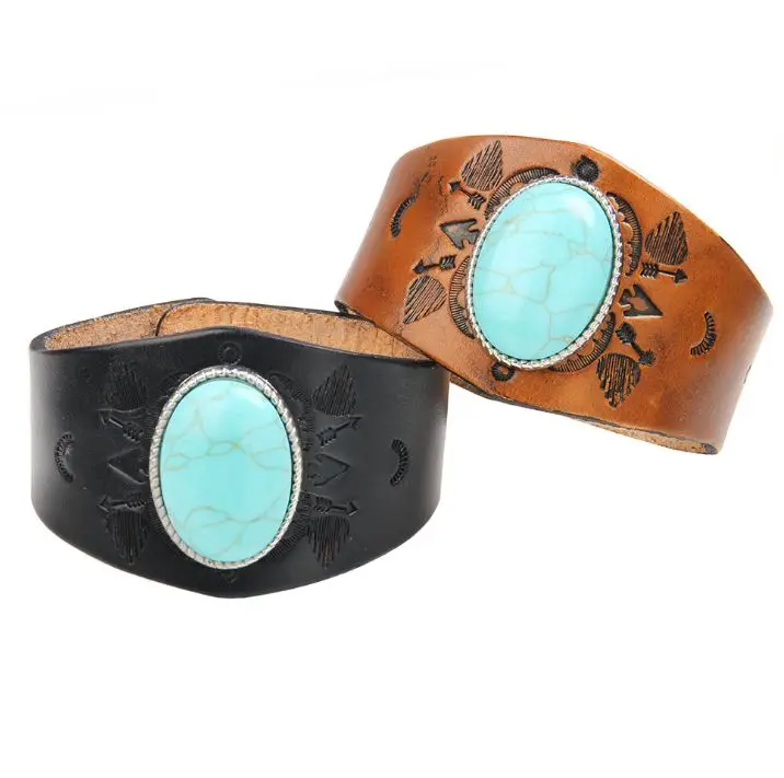 

Fashion Mixed Batch Custom Turquoise Wide Leather Bracelet Men Women