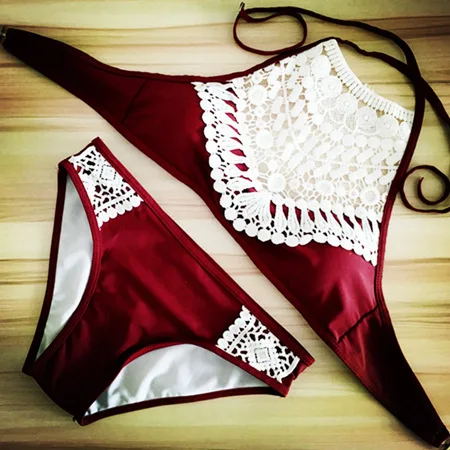 

2021 Bikini Suit Sexy Lace Stitched Open Back Crochet Beach Swimsuit, Picture showed