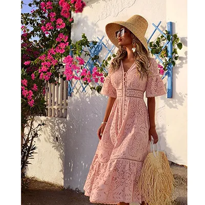 

Casual Dresses V-Neck Lace Hollow Out Women Vacation Elegant Fashion Dress Clothing 2021, Shown