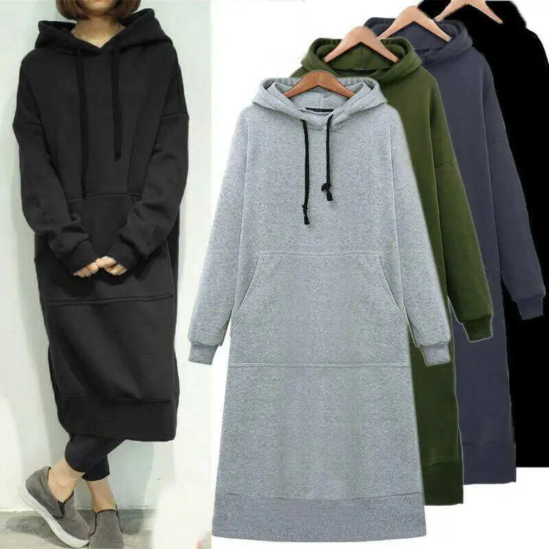 

Women Loose Long Hoodie Casual Solid Color Hooded Sweatshirts Student's Autumn Winter Baggy Pullover Oversized Sweatshirt Dress