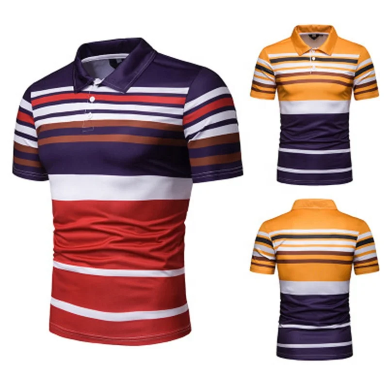 

Men's Patchwork Casual Stripes Polo Turn-down Collar T-shirts, Red/yellow