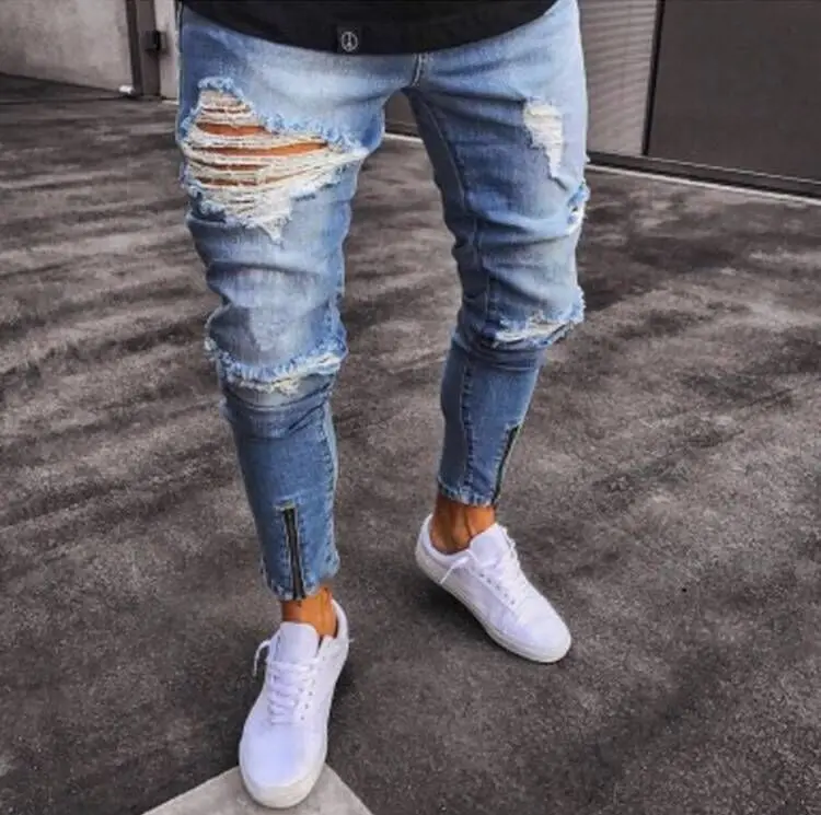 

Plus Size Denim Pant low Waist Skinny Trousers Fashion light Blue Jean For Man, As picture