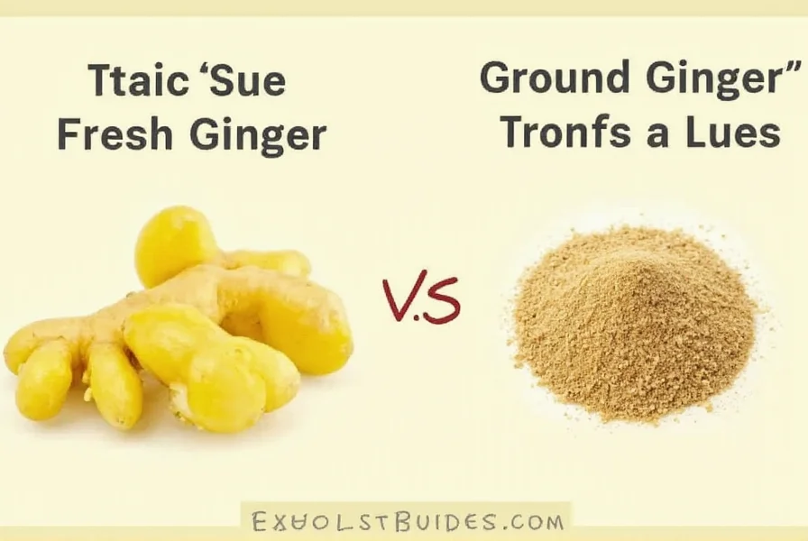 Side-by-side comparison of fresh ginger root next to measured ground ginger showing 1 tbsp fresh equals 1/4 tsp ground