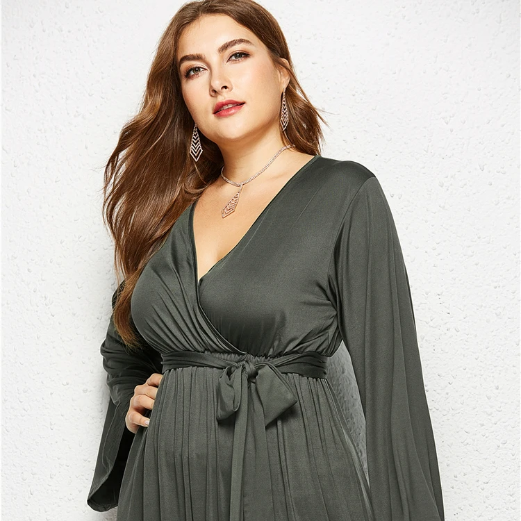 

Large size dress floor length solid color sexy Winter dresses women plus size deep V women's evening dress