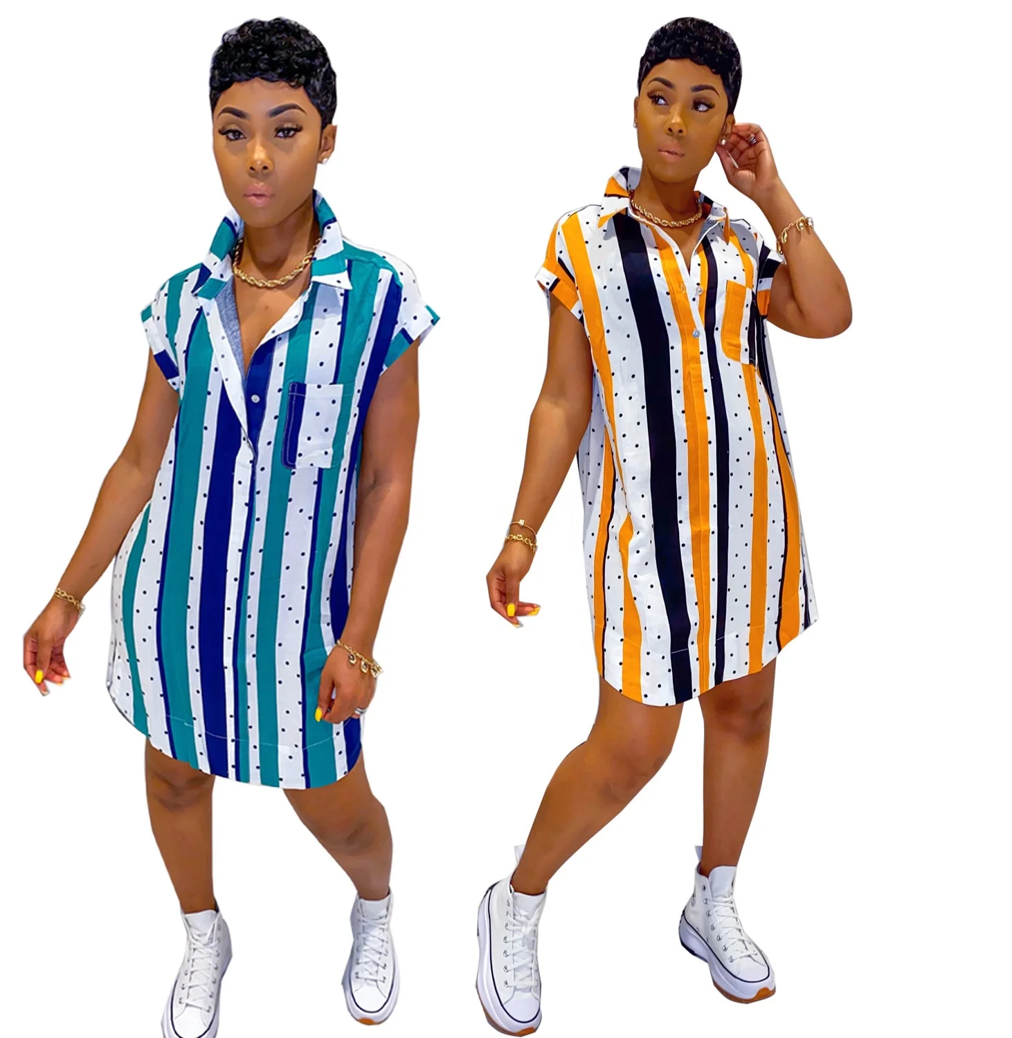 

Summer Women Clothing Casual Blouse Short Sleeve Striped Dress Shirt