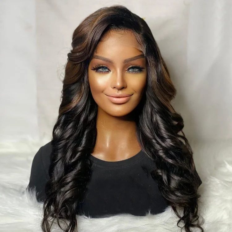 

Fast Shipping Loose Wave Natural Black with Highlight Color Side Part Virgin Indian Human Hair Lace Front Wigs, 1 1b 2 4