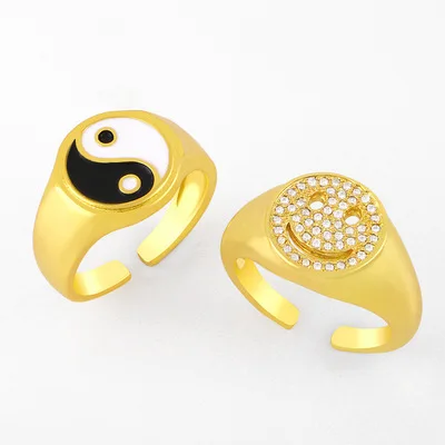 

Ding yi New cute smiling face ring woman simple women's 18K gold plated oil drop Tai Chi gossip ring