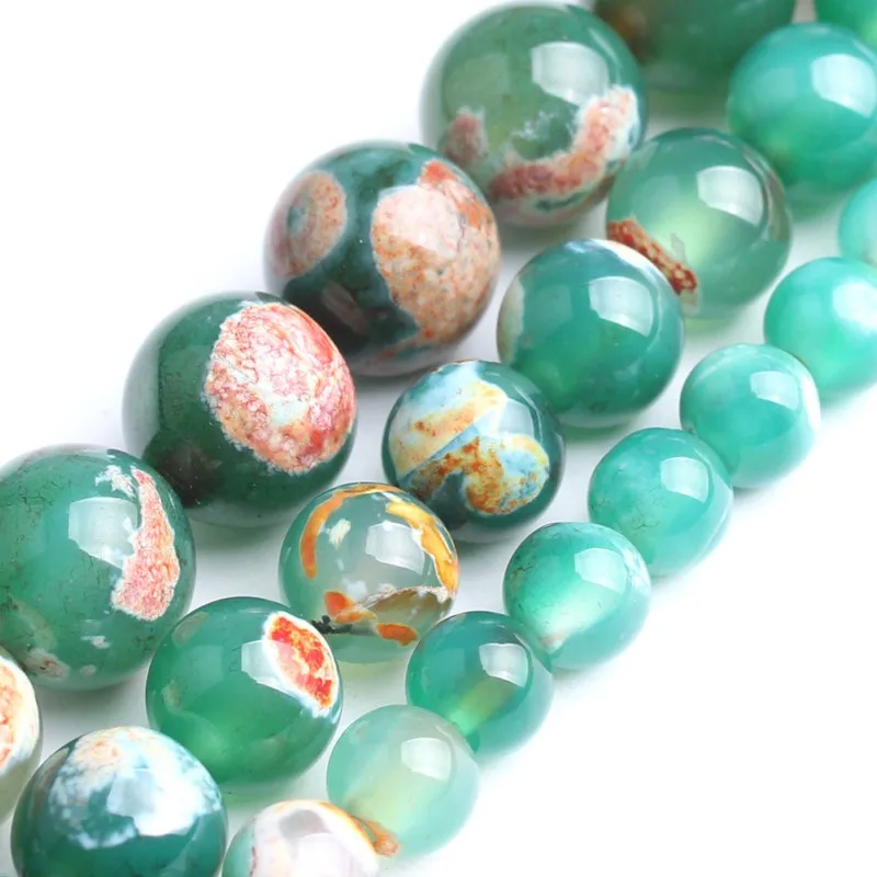 

6/8/10mm Orange Green Fire Agates Stone Round Loose Beads For Jewelry Making DIY