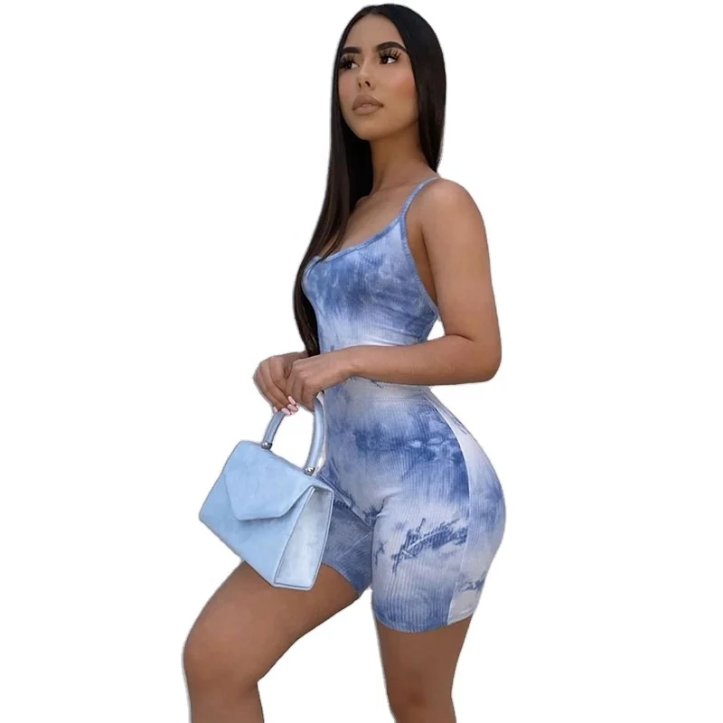 

2020 Summer Fitted Bodysuits Slim Custom Tie Dye Rompers Bodycon Women One Piece Jumpsuit, Picture