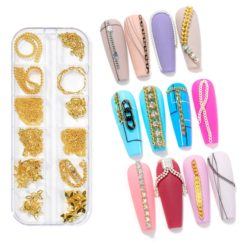

12 grids Metal chain fashion crystal stud nail decoration Golden Silver UV Gel Polished Nail Art DIY Charm 3D nail claw chain