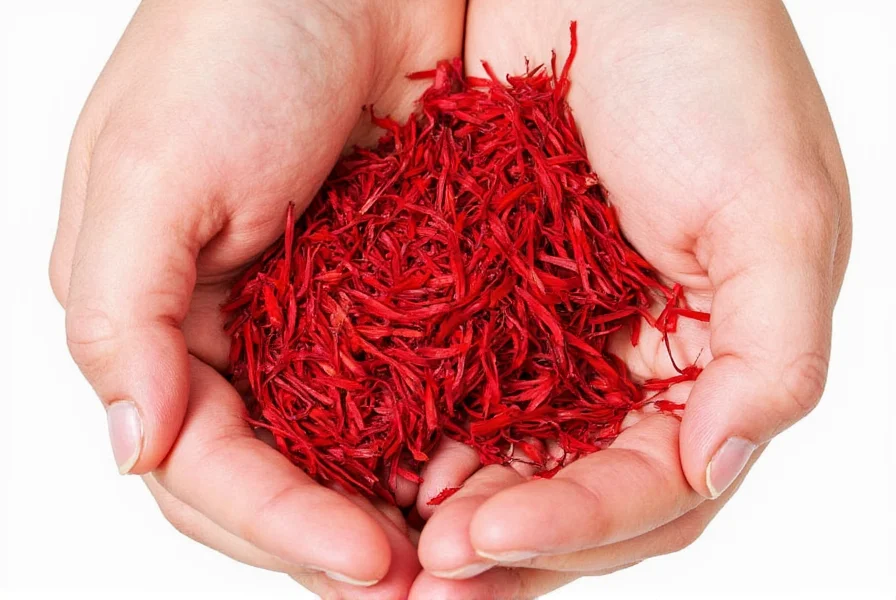 Close-up of traditional saffron patch on cotton fabric showing natural dye variations and hand-stitched edges