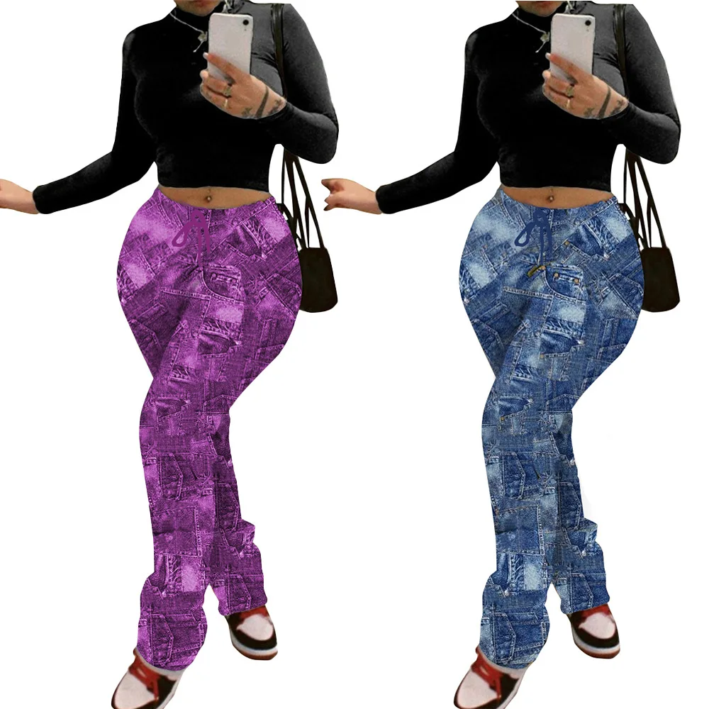 

91%-99% venetian Printed jeans blue purple fake rags casual trousers Bell pants