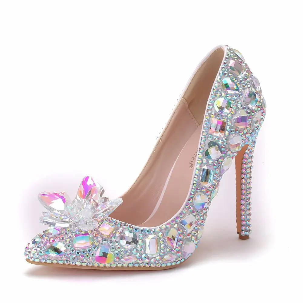 

Luxury Shoes Heels Women Pointed Sexy Bride Pumps Women's Party High Heels Female Rhinestone Flower Wedding Shoes