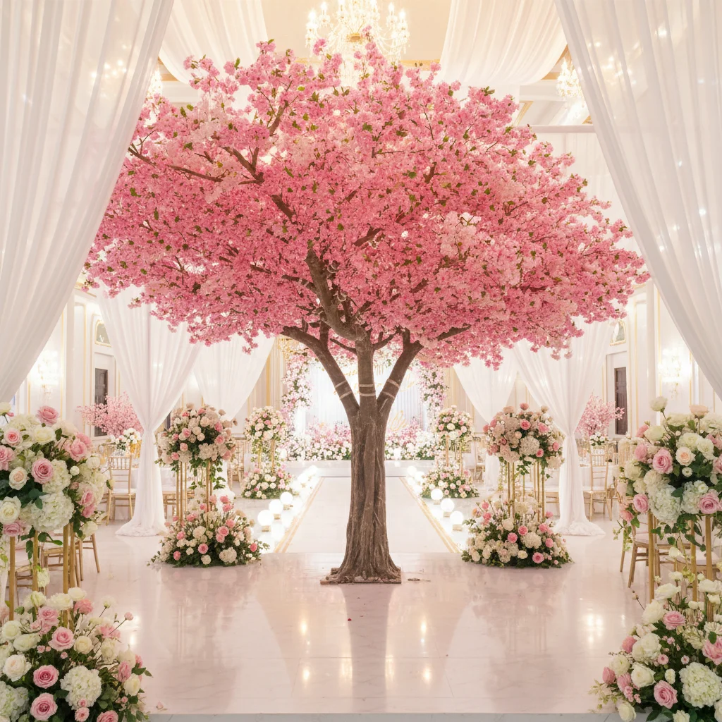 Custom 2m-20m Rayon Flower Tree Large Flower Cherry Tree Glass Fiber Trunk Wedding Decoration Garden Custom Tree