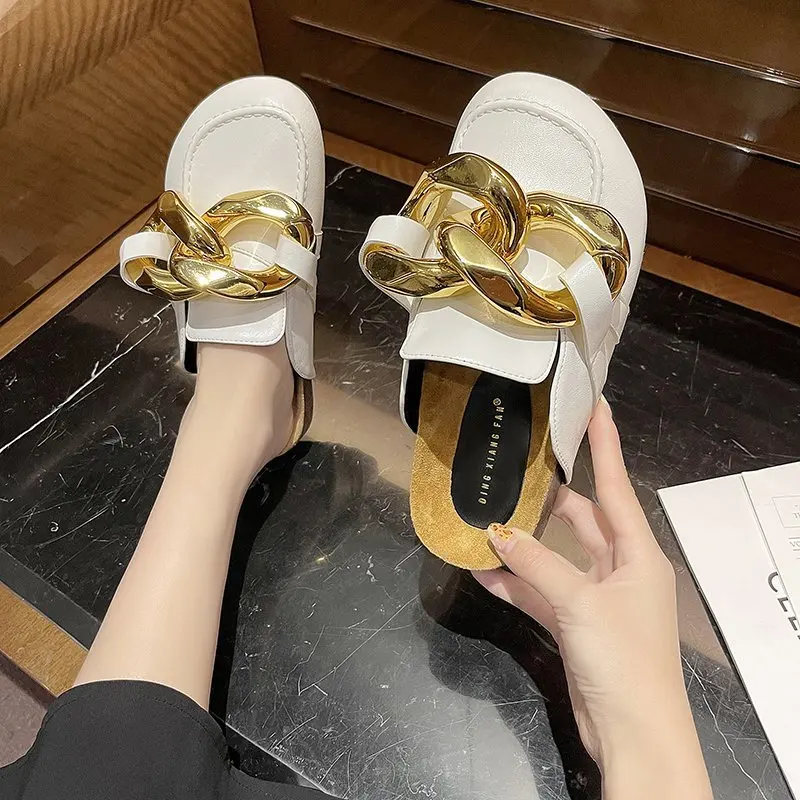 

Gold Chain Decor Round Toe Flat Mules Lazy Loafers Shoes Women's PU Leather Casual Slippers Female Shoes