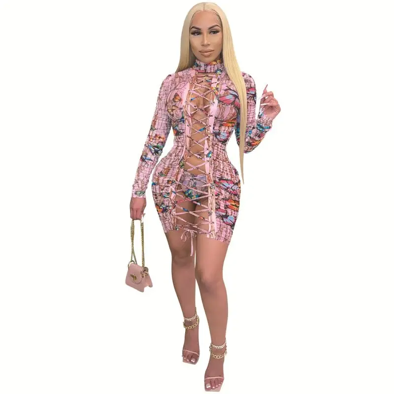 

fall 2021 women clothes new arrivals printed long sleeve Hollow Out lace up women dresses mini sexy dress