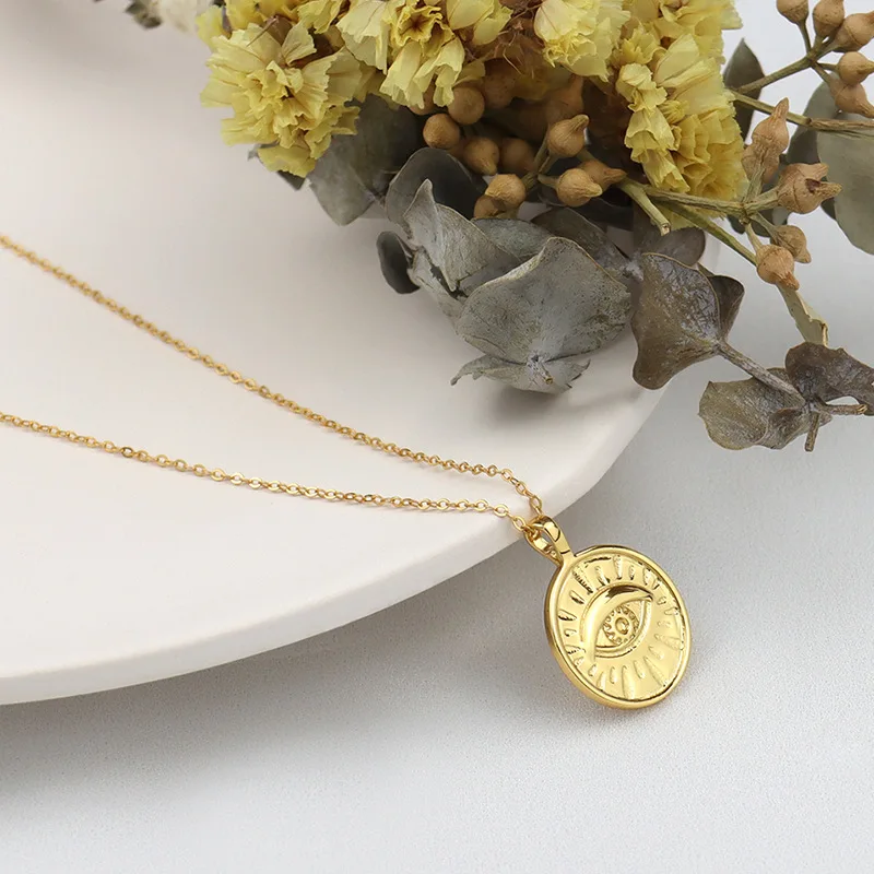 

Women Clavicle Chain Alloy Gold Plated Devil's Eye Round Brand Pendant Necklace, Picture shows