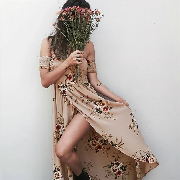 

2021 Women Sexy floral Dress Summer Split Maxi Beach Sundress Off Backless Dress