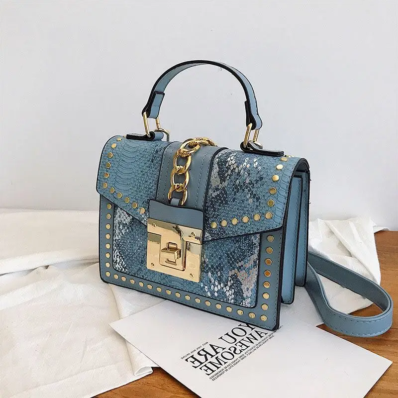

Wholesale fashion designer lock snakeskin pu leather handbag custom purses and handbags women with rivet, 7 colors