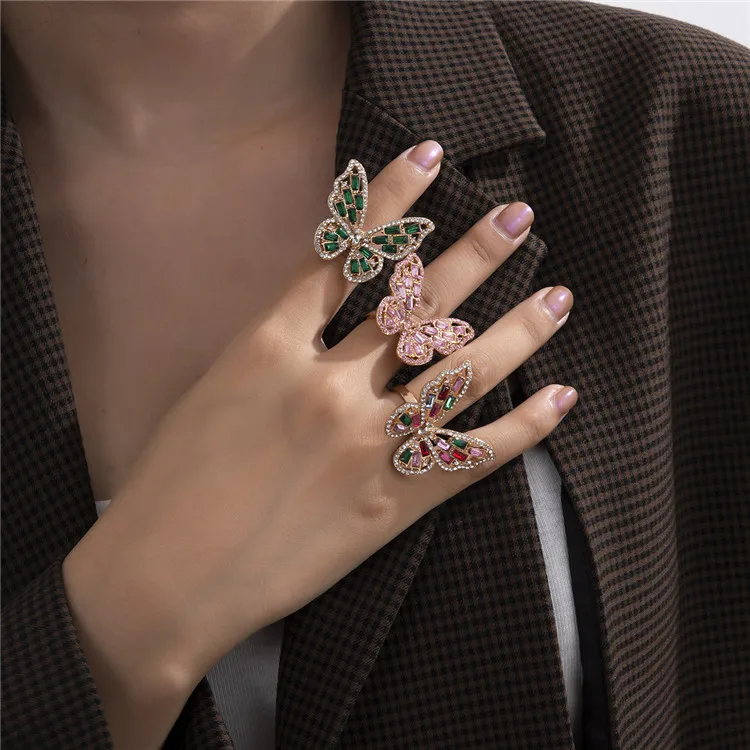 

Fashion Trendy Micro Pave Full Crystal Butterfly Finger Ring Shiny Colorful CZ Zircon Butterfly Ring, Picture