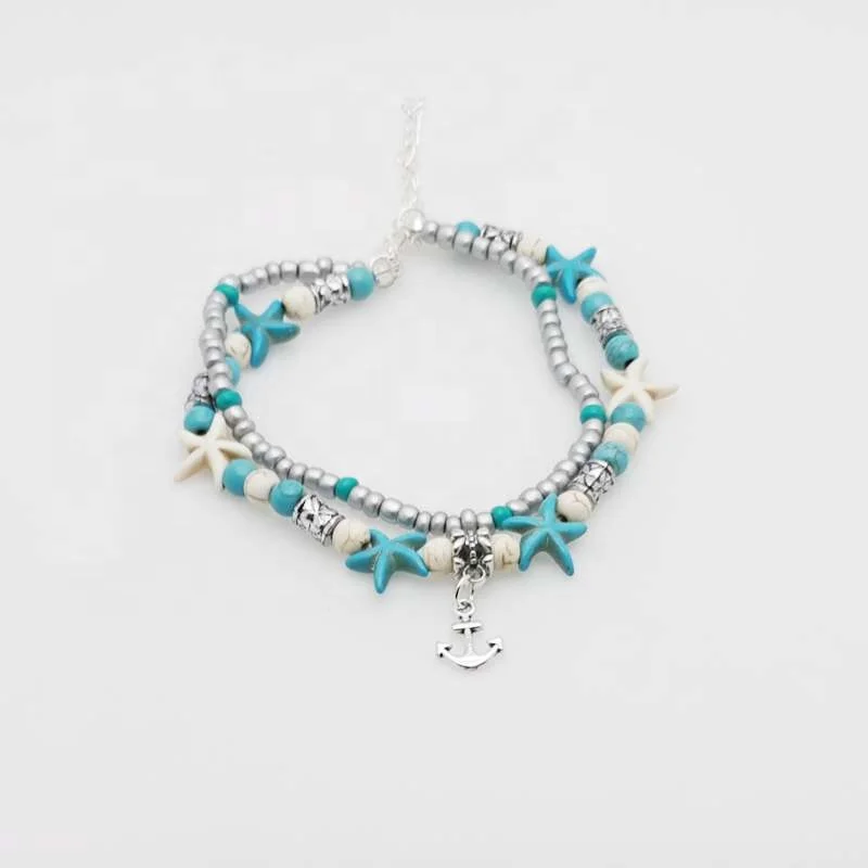 

European And American Cross-border Ankle Chain Summer Double-layer Turtle Dolphin Foot Chain Conch Starfish Rice Bead Foot Chain, Green dongling jade