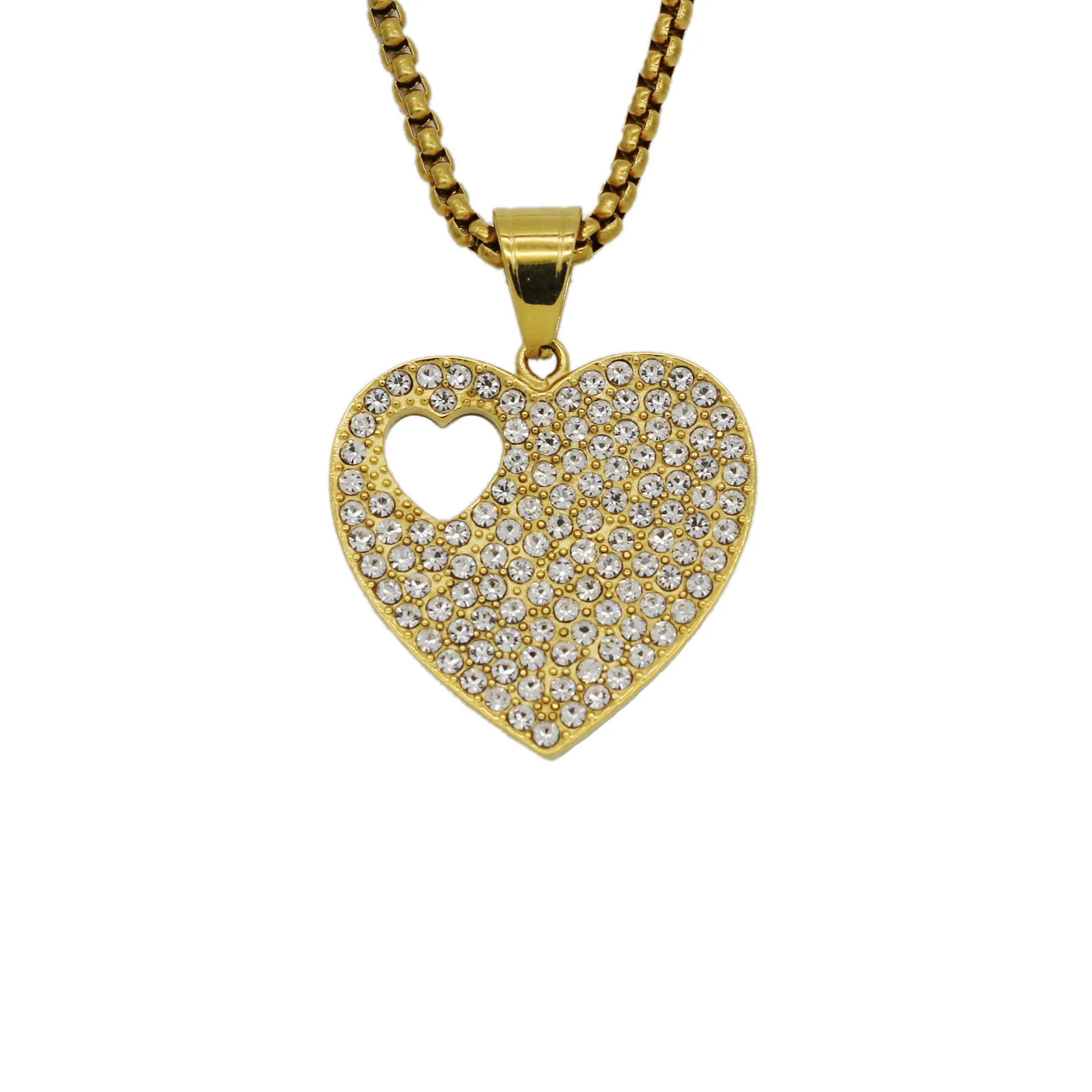 

Valentine's Day 18k gold plated stainless steel hollow heart shaped crystal pendant necklace