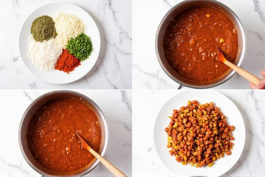 Step-by-step preparation of spend with pennies chili showing ingredients in mixing bowls and final plated serving