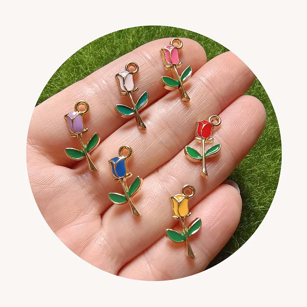 Valentine Day 9*18MM Cute Enamel Rose Flower Charms Pendant Dangles for Necklace Bracelet Earring DIY Jewelry Making Accessories