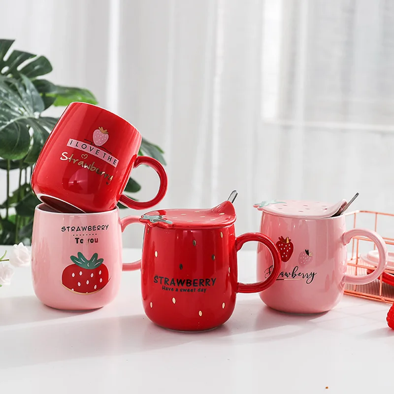 

Korean Pink Strawberry Cute Cartoon Student Ceramic Mug with Lid and Spoon, As picture