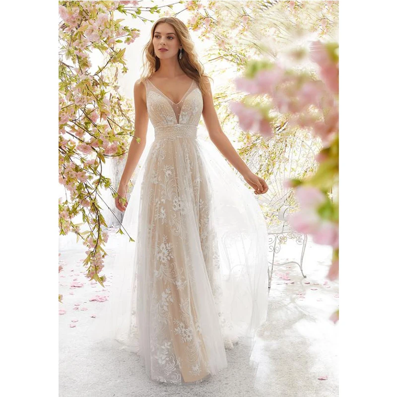 

2021 Europe And America Bridal Gowns Wear Sexy Lace V-neck Backless Sleeveless Wedding Dresses For Women Ball Gowns