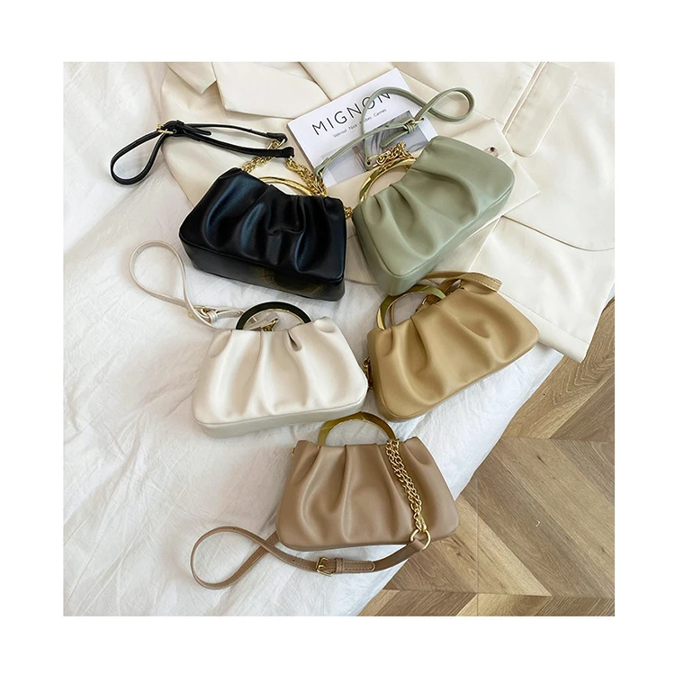

Metal Handle Pleated Cloud Bags Solid Color Women's PU Leather Bags Luxury Chain Shoulder Crossbody Bags Female Brand Handbags