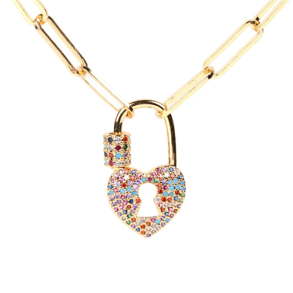

European INS Unique Chunky Gold Link Chain Pave Rainbow CZ Spiral Buckle Heart Carabiner Lock Necklace